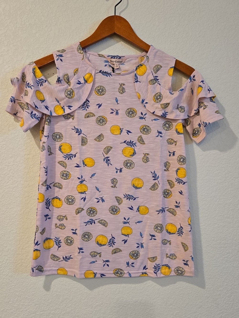 Juicy Couture Lemon Cold Shoulder Top S | Pink Citrus Summer Vacation Picnic